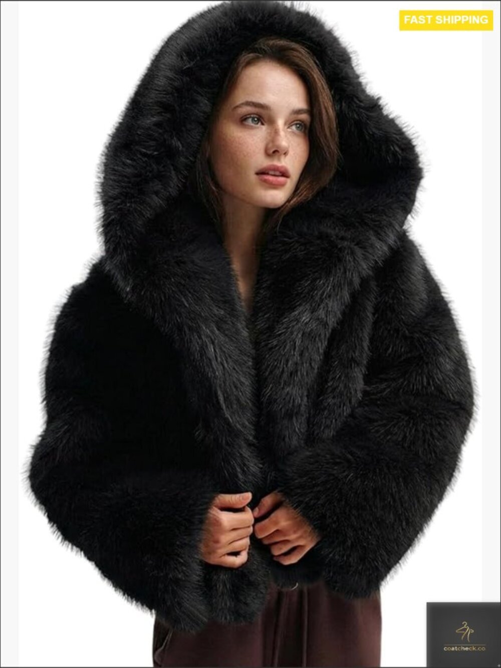 Faux Fur Cropped Jacket Hooded Open Front Fluffy Winter Coat Chic Y2K